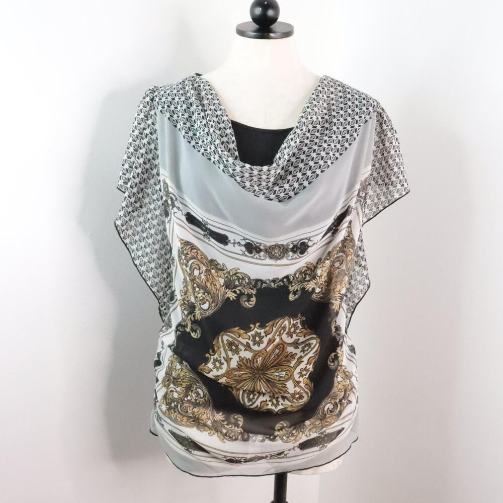 One World Women’s M Baroque Scroll Print Draped Waterfall Cowl Neck Blouse Top